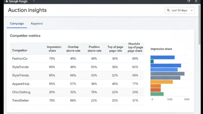 Google Ads Auction Insights report showing competition comparison